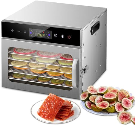 YUEWO Food Dehydrator Electric Fruit Meat Dryer Machine 6 304 Stainless Steel Trays 800W with Timer Max 24h Temperature Control 30-90°C for Jerky, Dog Treats, Herbs, Meat, Fruit