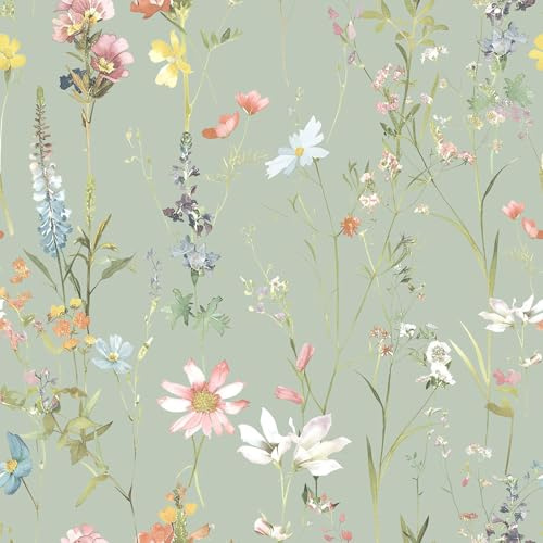 World of Wallpaper Elsie Minimalistic Floral Watercolour Style Spring Flowers Wallpaper for Living Room, Bedrooms, Kitchens in Sage Green AF0044