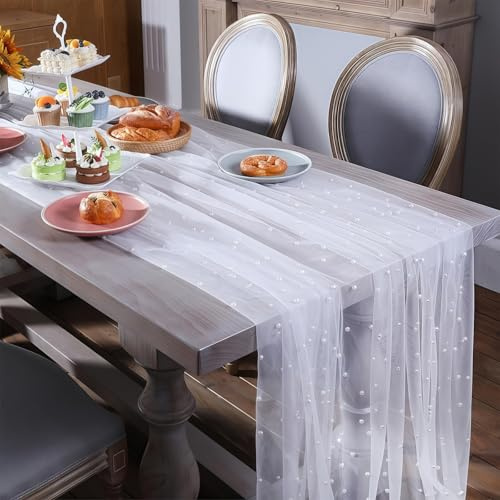 LUMOOM Tischläufer Tüll mit Perlen, 80 x 200cm Chiffon Tischläufer, Perlenspitze Tischdecke, Tischdecke für Hochzeit, Geburtstage, Festivals, Party Dekoration (Weiß)