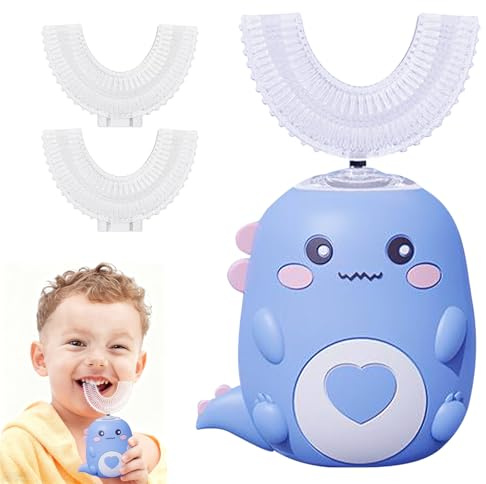 Brosse à dents électrique pour enfant - 360° - 3 têtes de brosse en silicone en forme de U - Minuterie intelligente - 2 vitesses - Brosse à dents dinosaure pour enfants (2 à 12 ans) (bleu de 6 à 12