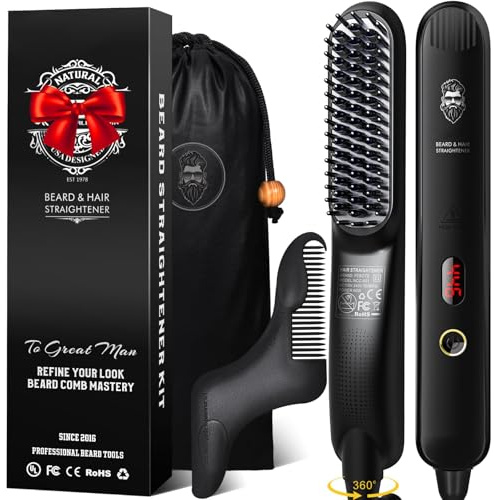 TENTEK Bartglätter Für Männer,Ultra-Fast Heating, Anti-Scalding Design, Negative-Ionen,Ionischer Glättbürste,Einstellbare Temperatur Styling Bürste, Elektrischer Kamm-Black