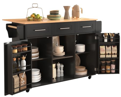 Azkoeesy Isola cucina con ruote e piano di lavoro pieghevole, 139x91,5x46 (71) cm, carrello cucina con 3 cassetti, 2 ante e ripiani per spezie, per cucina e sala da pranzo, nero + naturale