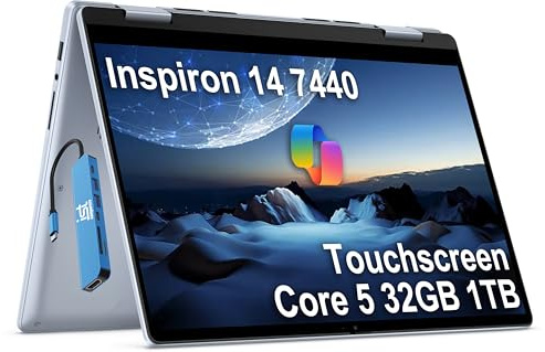Dell Inspiron 14 7440 2-in-1 Laptop (14 FHD+ Touchscreen, Intel Core 5 120U (>i7-1355U), 32GB DDR5, 1TB SSD) for Creator, Designer, Backlit, 10-Hr Long Battery Life, IST HUB, Win 11 Pro w/AI Copilot