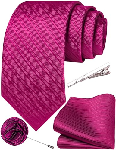 Ailisus Hot Pink Tie for Men Silk Striped Necktie and Pocket Square Lapel Pin Tie Clip Set Wedding Business Casual 4PCS