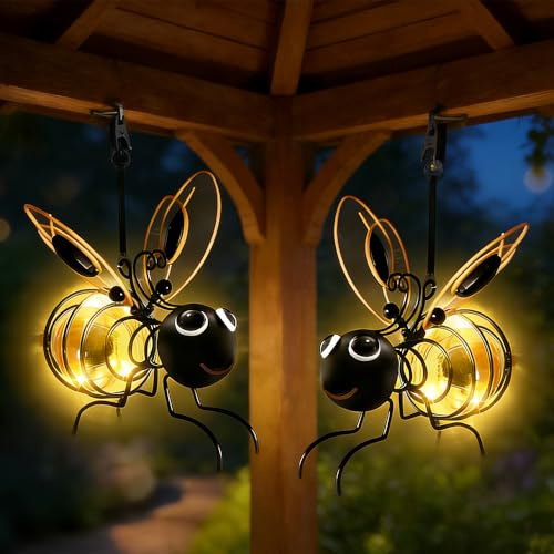 SKIKHN Bee Solar Lights Outdoor Garden, 2 Pack Hanging Metal Bees Lanterns, Bee Solar Garden Lights with Clip-on and Springs, Outdoor Waterproof Insect Lantern Decor for Patio Yard Balcony