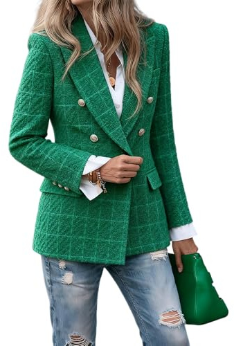 Tweed Blazers for Women Business Casual, Womens Double Breasted Blazers Dressy Long Sleeve Suit Jackets for Work Office, Trendy Elegant Professional Clothes Spring 2026(Green, X-Large)