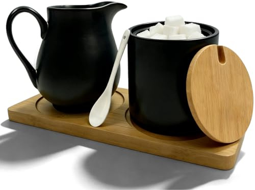 GOMETY Milch und Zucker Set mit Deckel und Löffel, Keramik Milchkännchen und Zuckerdose mit Holz Tablett, Spülmaschinen- und Mikrowellengeeignet, für Kaffee und Cappuccino (Schwarz)