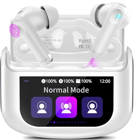 Thunelec Wireless Earbuds, Bluetooth 5.4 Ear buds with Multifunctional Touch Screen, 48H Bass Stereo Headphones with ANC/ENC Noise Cancelling/Transparency mode, IPX7 Earphones with 5 EQ Modes, White