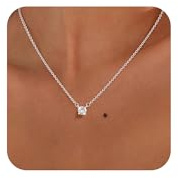 ASCOMY Silver Necklaces for Women Trendy 14K Silver Plated Dainty Cubic Zirconia Necklace Square Diamond Pendant CZ Charm Cute Women Choker Tiny Necklaces Fashion Jewellery Gifts for Women/Wife/Her