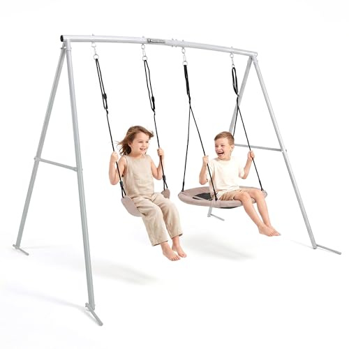 HyperMotion Balançoire Double en Métal Peint Gris/Beige, Siège Classique et Nid d'Oiseau, Structure 235 × 172 × 183 cm, Capacité 100 kg par Siège, 2 Places