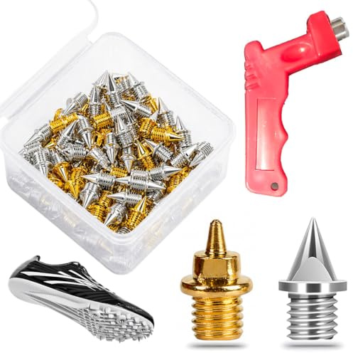 32 Clavos para Atletismo con Llave: 16 Puntas de Acero Plateadas y 16 Cortas Doradas + Extractor Rojo y Caja Transparente, para Carreras de 100-400m en Pistas de Plástico