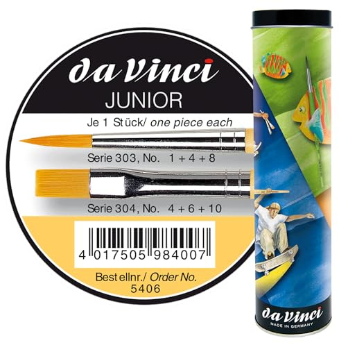 da Vinci, JUNIOR, Synthetikpinselset in Metall-Pinseldose, 6-teilig | Enthält 6 Synthetikpinsel in verschiedenen Formen in einer robusten Metall-Pinseldose für Schule und Hobby.