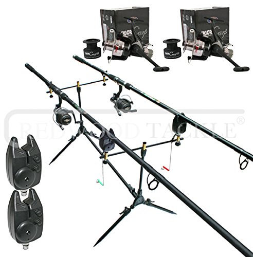 Carp Hunter Fishing Kit 2 x Rods, Bait Runner Reels + Spare Spool Pod,+ Alarms