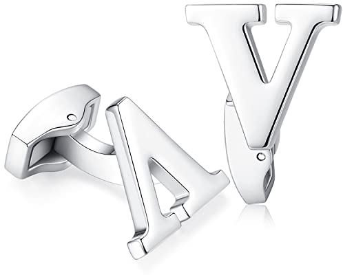 Hanana Herren Brief Buchstabe Alphabet Anfangsbuchstaben Manschettenknöpfe , Edelstahl Hochzeit Cufflink Geschenk,A-Z,Silber,,MEHRWEG (1 Paar V)