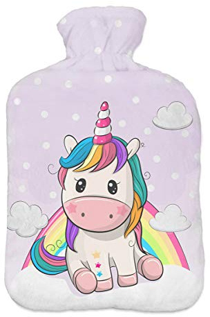 Wärmflasche mit Pullover Bezug 2 Liter Bettflasche mit schönen Fleece-Druck Bezug Gummi Wärmflasche mit Deckel Einhorn2 [092]