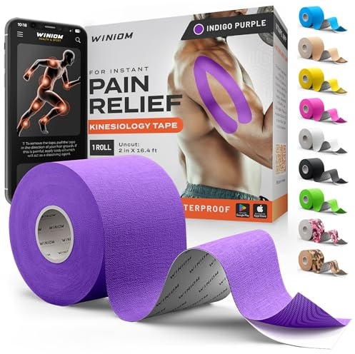 Kinesiology Tape - Waterproof Athletic Sports Tape for Knee, Shoulder, Arm & Back Support | 3-5 Day Adhesion, Hypoallergenic & Latex-Free + Taping Guide (Uncut, 2x16.4ft Roll, Indigo Purple)