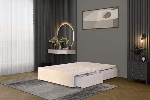 Bed Centre Flexby Divan Bed Base Only with 2 Drawers (Same Side), No Headboard - Available in 3FT, 4FT, 5FT and 6FT (4FT6 Double, Plush Ivory Fabric)