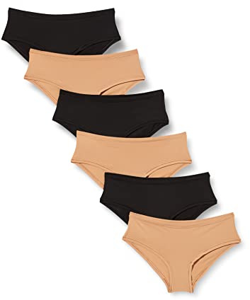 Amazon Essentials Biancheria Intima in Microfibra (Slip Hipster e Perizoma, Disponibile in Taglie Forti) Donna, Pacco da 6, Bronzo Lavato/Nero, 50