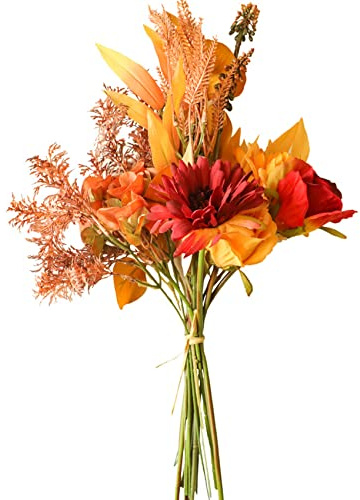 hanlongyu Künstliche Blumensträuße Seide Sonnenblumen für Heimdekoration und Hochzeit, Faux Fall Blume Esstisch Mittelstück, Künstliche Pflanzen Herbst Laub Seidenblumen für Dekoration (Herbstrot)