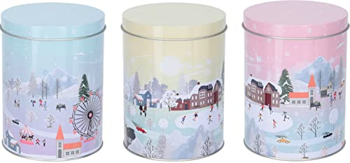 Muddy Hands Set of 3 - Festive Christmas Design Storage Tin with Lid - Biscuits Sweets Tea Cake Cookies Xmas Gift Present Round Containers
