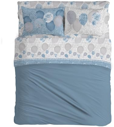 PENSIERI DELICATI Completo Letto 1 Piazza e Mezza 100% Cotone, Completo Lenzuola 1 Piazza e Mezza 120x200 Comprensivo di Lenzuolo sotto, sopra e 1 Federa, Made in Italy, Fantasia Palloncini Azzurro