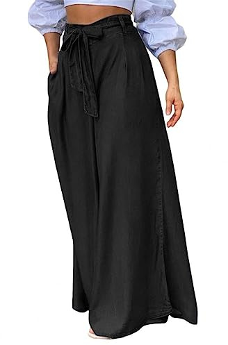Dninmim Pantalon Femme, Hakama Longue à Nouer pour l'été, Pantalon Fluide avec Nœud Noir 3XL