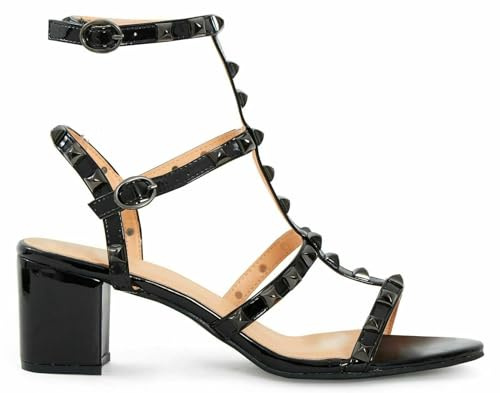 AYZAL Women’s Ankle Strap Mid Block Heel Studded Ankle Strap Rivet Gladiators Open Toe Sandals (Black Patent, UK Footwear Size System, Adult, Women, Numeric, Medium, 11)