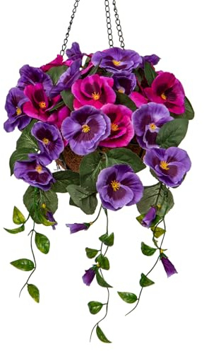 Briful 27 ½’’ Fake Flowers Hanging Basket, Pansy Artificial Flowers, Realistic Silk Spring Bloom Faux Flowers, 5 ⅞’’ Coconut Basket, for Home Farmhouse Balcony Outdoor Patio Garden Decor