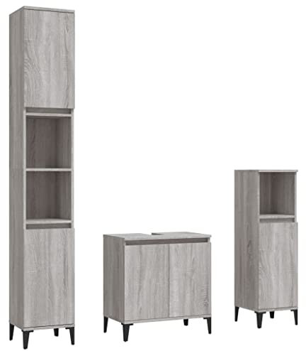 Hommdiy 3-TLG. Badmöbel-Set Badschrank Metallfüße, Badezimmer Unterschrank Hochschrank Midischrank, Badezimmermöbel Grau Sonoma Holzwerkstoff