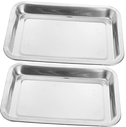 OUSIKA 2 uds. Bandeja de plato de comida de acero inoxidable engrosado, plato de barbacoa cuadrado de fondo plano, plato de cena, bandeja de acero inoxidable, tostador de pan, utensilios for hornear d