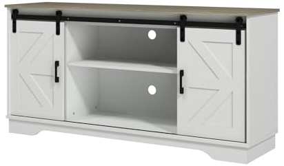 Panana Wooden Sideboard Kitchen Cabinet Storage Cupboard with 2 Sliding Barn Doors TV Stand Farmhouse Style for Living Room (White+Natural Top)