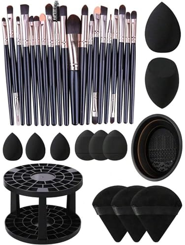 HealthyMoov PACK BEAUTE+ support pinceaux de maquillage (33 pièces) avec 20 pinceaux et 6 houpettes et 5 éponges couleur NOIRE et récipient support manuel pour nettoyer les pinceaux