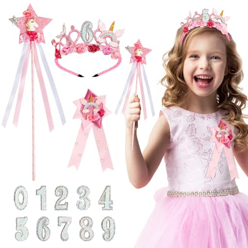 BOOMTOP Costume Compleanno Bambina: Cerchietto Corona, Distintivo, Bacchetta Magica con Stella - Accessori Unicorno per Festa
