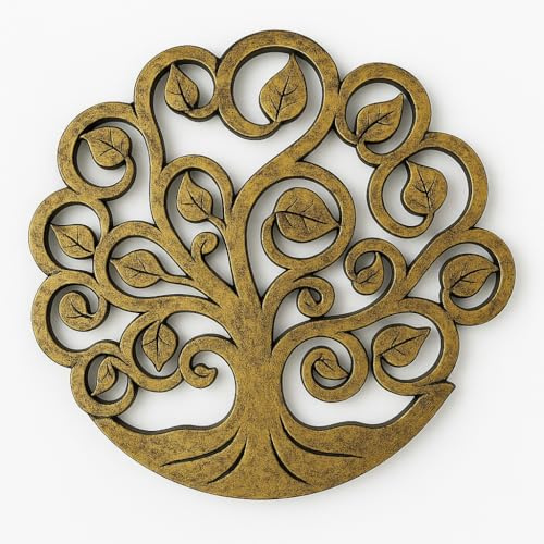 Trintura Wandbild Baum des Lebens 30 cm aus mdf Holz in gold bebürstet – runde Lebensbaum Wanddeko Holz für Wohnzimmer Flur Schlafzimmer – Wandskulptur Deko Baum