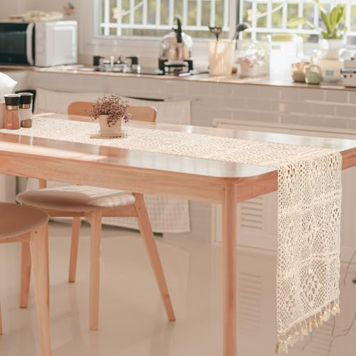 Tischläufer Boho, Beige Makramee Tischläufer, Vintage Tischdecke Boho mit Quasten für Küche Esstisch, Esszimmer, Hochzeit, Party Dekor, 34 x 120cm