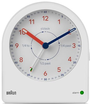 Braun Sveglia didatticoda analogica funzione snooze e retroilluminazione continua, movimento silenzioso al quarzo, quadrante facile da leggere, suoneria incrementale, bianca, modello BC22TW.