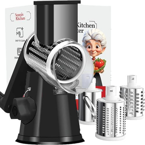 Rotary Cheese Grater with Handle,Countertop 3 Blade Manual Cheese Shredder Hand Crank With Strong Suction Base – 3-in-1 Rotating Food Processor & Vegetable Slicer, 3 Interchangeable Drums -Black