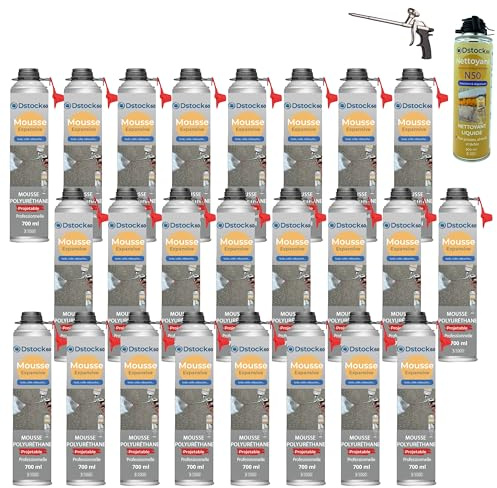 DSTOCK60 – Pack de 24 mousses expansives polyuréthanes projetables 700 ml + 1 pistolet + 1 nettoyant mousse - compatible multi-surfaces - application facile et rapide