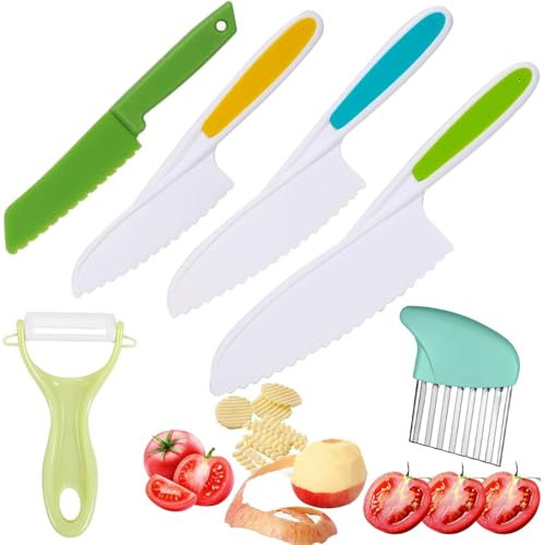 XNBTFK 6 PCS Kids Knife Set for Mini Chef, Children's Cooking Knives in 4 Sizes, Kids Kitchen Set for Vegetables, Fruits, Salad, Cake