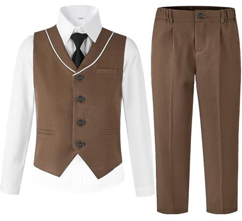 LOLANTA Costume 4 Pièces pour Garçon avec Gilet et Pantalon, Tenue de Cérémonie Mariage, Baptême & Anniversaire pour Enfant, Ensemble Habit Habillé (8-9 Ans, Marron, Taille Étiquette 140)