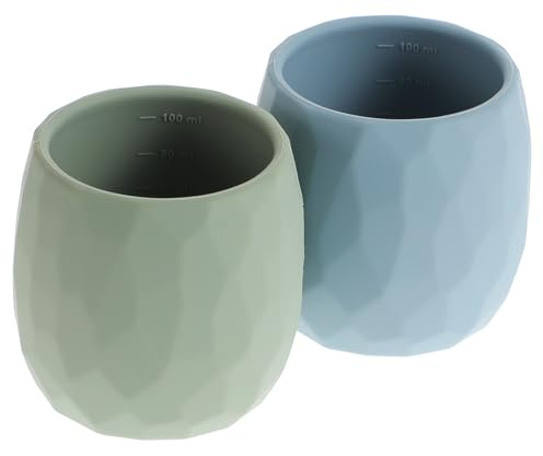 meanus Lot de 2 gobelets d'apprentissage en silicone pour enfants de 6 à 12 mois, minuscules gobelets ouverts, petite gourde d'entraînement pour bébés et tout-petits, avec marqueurs de capacité, sauge