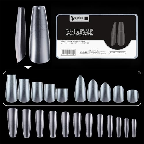 Beautilux Capsule Americaine Ongle, Coffin Long 2 IN 1 Matte Capsules Ongles avec Ligne Auxiliaire 288 Pièces 11 Tailles, Longue Coffin Capsules Ongles Pour Manucures à Domicile