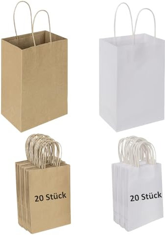 Papiertüten Klein 40 Stück Geschenktüten Klein Weiße und Braune TUIOLUI Kraftpapiertüten mit Henkel Tüten für Einkaufen, Hochzeiten, Verpackungen, Geburtstag, Weihnachten, Valentinstag 15X8X21 cm