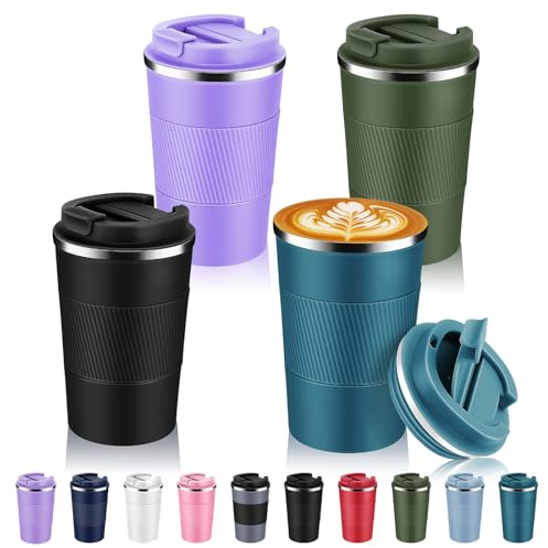 Volhoply Confezione da 4 tazze da caffè isolate in acciaio inox da 368,5 g, con coperchio Fip, riutilizzabili, a doppia parete, in metallo, portatili, a prova di perdite, per bevande calde e fredde