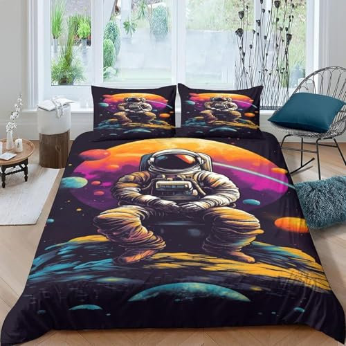 Bettbezug Set Astronauten-Weltraum Kinder Bettwäsche 3D Druck Bettwäsche Set 3 Teilig Komfortabel Weich Bettbezüge 2 Kissenbezug - Hypoallergene Tagesdecke - Für Erwachsene Und Kinder 135X2-223424343