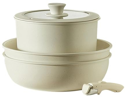 Set di pentole a induzione: set di pentole gourmetific bianco crema, set di pentole in pietra antiaderente, set di pentole da cucina per camper con manico rimovibile, set di pentole per cucinare in