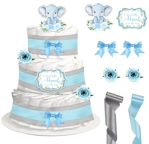 CORNER LACE Baby Shower Blue Elephant Diaper Cake Decorations for Newborn Boy Birthday Party, Includes Ribbon, Bow Tie, Toppers, Artificial Flowers (Diaper Not Included)