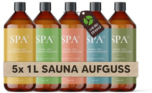 Saunaaufguss 5x 1L Set – Sauna Zubehör & Sauna Aufgussmittel für intensiven Saunaduft – mit Bio-Ethanol, ohne Emulgatoren, recycelte Flasche