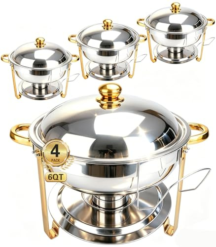 Beviliu Chafing Dish Buffet Set, 4 Pack 6.8 Litre Round Chafing Dishes & Food Warmers, Gold Chafing Dishe for Buffet, Stainless Steel Chafer for Catering Lid & Lid Holder, Food Warmers for Any Partie