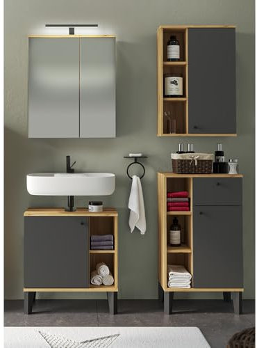 Lomadox Badmöbel-Set 4-teilig mit Waschbeckenunterschrank 60 cm, LED-Spiegelschrank, in Eiche und grau, modern